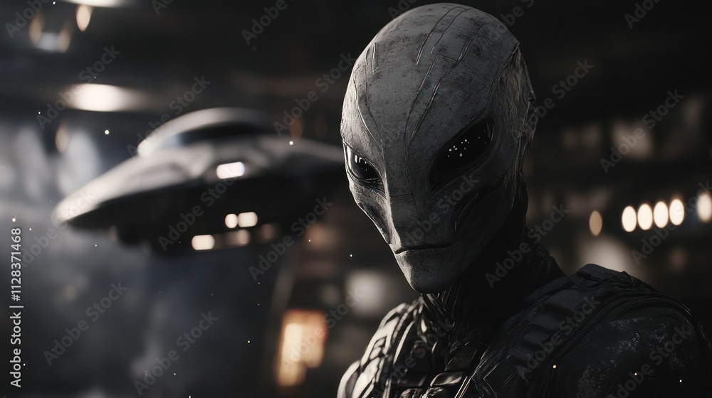 Poster alien figure with a spaceship in a sci-fi setting