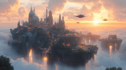 Fototapeta premium Sunset over a majestic, futuristic city floating among clouds, with flying vehicles.