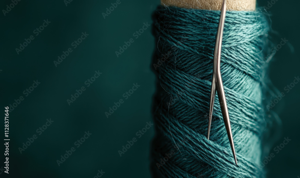 Poster close-up of turquoise thread and needle emphasizing craftsmanship and precision in textile work for 