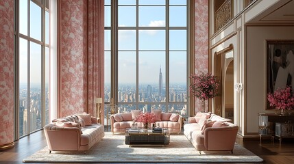 Stunning Cityview Living Room: Pink Elegance Meets Urban Skyline