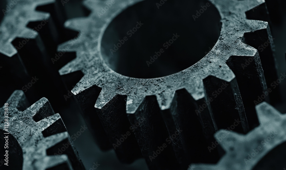 Poster intricate focus on industrial metal gears showcasing precision engineering and mechanical design for
