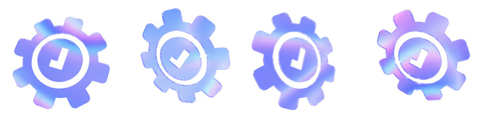 Set of 4 3d glass tick mark in a gear shape with aberration effect isolated on a transparent background. Blue tone. 3d transparent elements for graphic design.