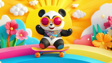 Cheerful panda skateboarding in a vibrant landscape