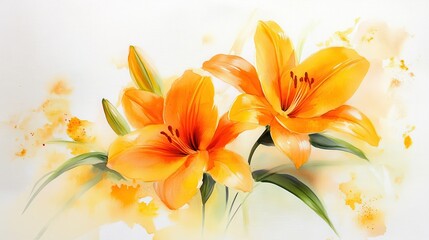 Naklejka premium Vibrant watercolor painting of two orange lilies. Ideal for cards, websites, or any design needing a touch of spring.