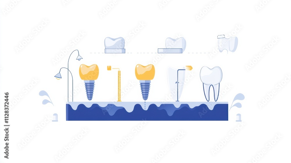 Poster three-stage depiction of the dental implant process showcasing preparation, installation, and comple