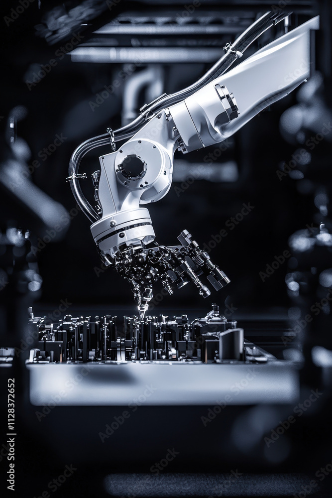 Poster advanced robotic arm enhancing precision in modern automated industrial manufacturing process