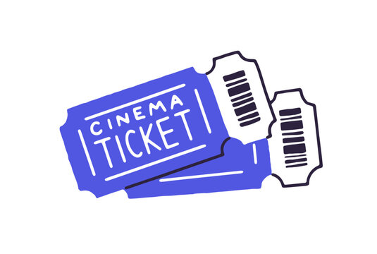 Icon of two cinema tickets. Blue theater entrance coupons. Cards with barcode to pass to movie. Paper bar code to film display, concert, show. Flat isolated vector illustration on white background