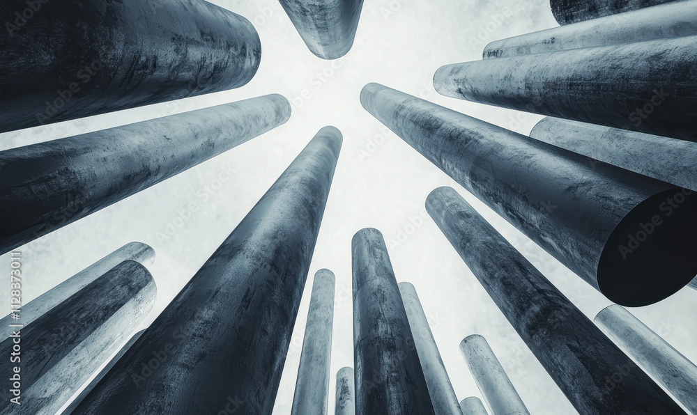 Poster imposing architectural marvel: an abstract perspective of towering vertical columns against the sky 