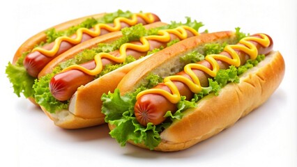 Hot dogs with mustard, served on a white background, simple and tasty snack.