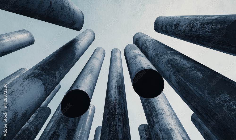 Poster Dramatic Architectural View of Towering Metal Columns in an Urban Setting Highlighting Modern Design and Geometry