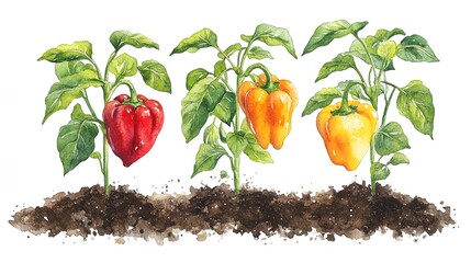 Watercolor Art: Vibrant Red, Yellow, and Orange Bell Peppers Growing Out of Rich Soil