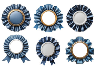 Blue award badges featuring pleated edges and circular centers in various designs, symbolizing achievement, honor, and recognition.