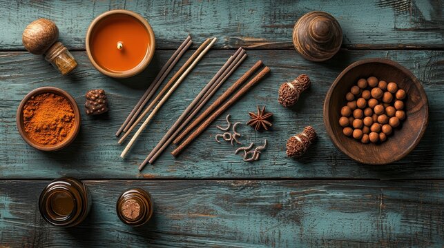 Mindfulness tools collectionincense mala beads and aromatherapy essentials for relaxation and meditation at home rustic wooden environment top view