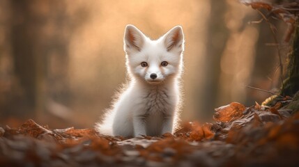 Cute white fox sitting in a forest setting