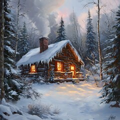 A rustic Christmas cabin, nestled amidst towering snow-laden pines, glowing warmly