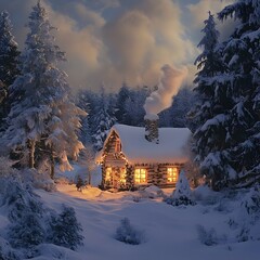 Charming Christmas cabin, snow-dusted trees, warm light, picturesque scene