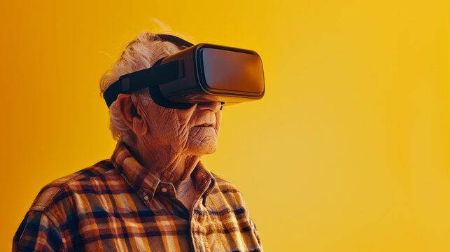 An elderly man wearing opaque virtual reality goggles, smiling with satisfaction
