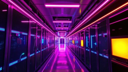 Fototapeta premium Neon-Lit Data Center: Perfect for Technology, Cyberpunk, and Futuristic Themes