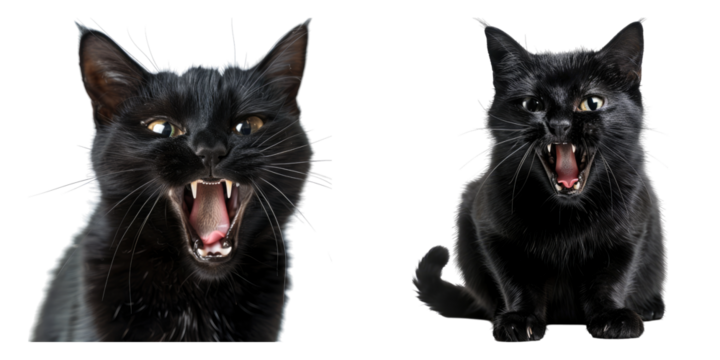 Hissing black cat isolated on transparent background, Set of
