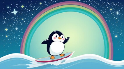 Naklejka premium Adorable Penguin Surfing Under a Magical Rainbow: Perfect for Kids' Room Decor, Nursery Art, and Fun Gifts