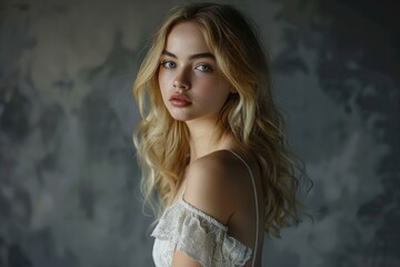 Blonde woman in white dress poses elegantly in studio portrait.