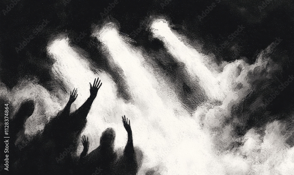 Poster exploring emotional depths: the symbolic interaction of light and shadow in abstract silhouettes and