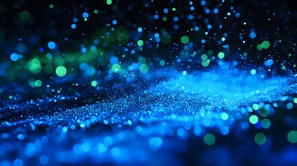 A background of glowing blue and green lights on black, creating an abstract digital rain effect