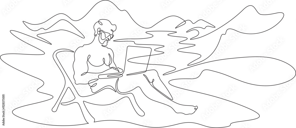 Poster continuous one line drawing handsome man with laptop.athletic man working remotely on computer in na