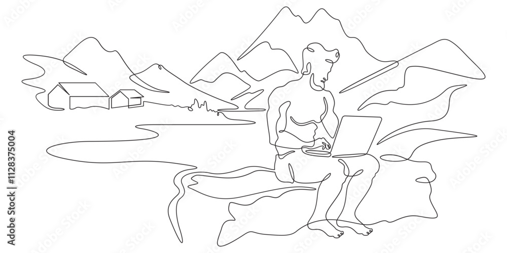 Poster continuous one line drawing handsome man with laptop.athletic man working remotely on computer in na