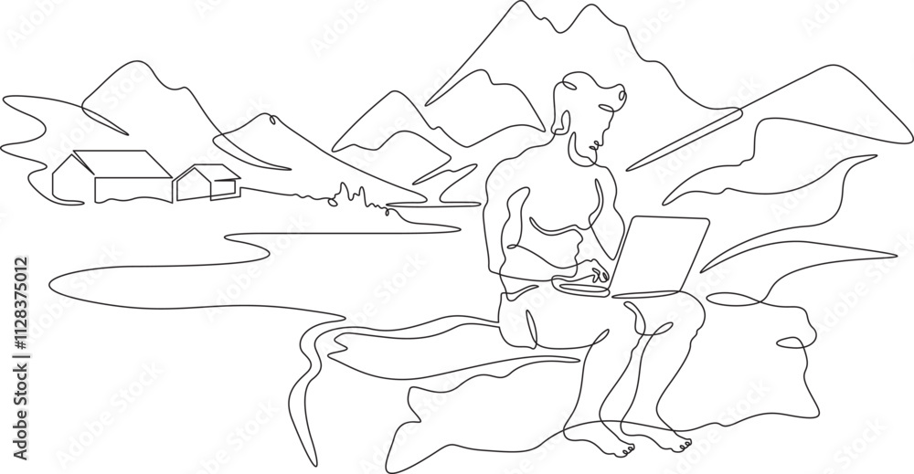 Poster continuous one line drawing handsome man with laptop.athletic man working remotely on computer in na