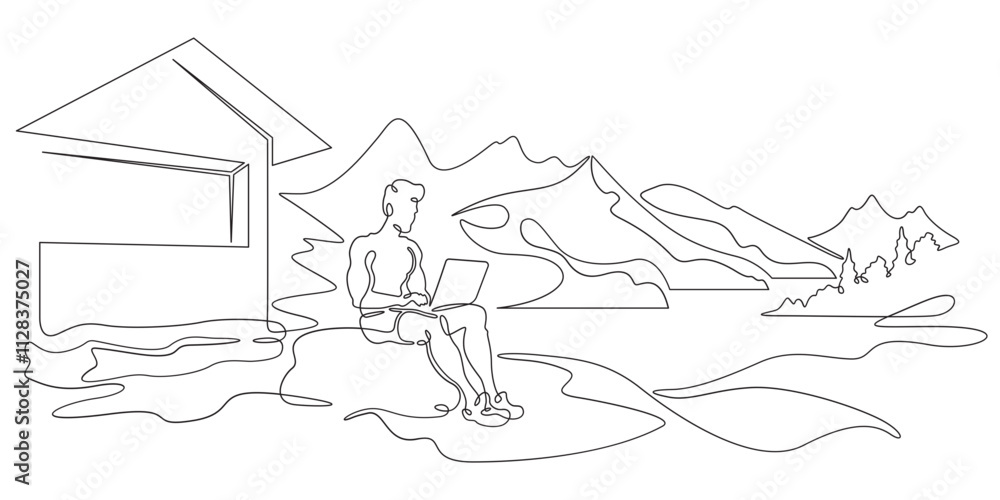 Poster continuous one line drawing handsome man with laptop.athletic man working remotely on computer in na