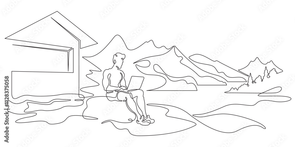 Poster continuous one line drawing handsome man with laptop.athletic man working remotely on computer in na