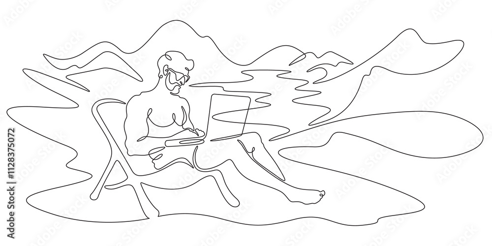 Poster continuous one line drawing handsome man with laptop.athletic man working remotely on computer in na