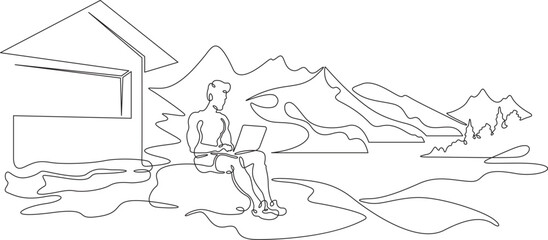 Continuous one line drawing handsome man with laptop.Athletic man working remotely on computer in nature in summer.Beautiful landscape.  One continuous line isolated minimal illustration.Not AI.