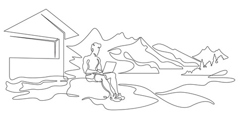 Continuous one line drawing handsome man with laptop.Athletic man working remotely on computer in nature in summer.Beautiful landscape.  One continuous line isolated minimal illustration.Not AI.