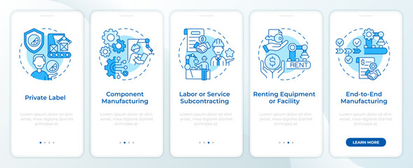 Manufacturing agreements blue onboarding mobile app screen. Walkthrough 5 steps editable graphic instructions with linear concepts. UI, UX, GUI template. Montserrat SemiBold, Regular fonts used