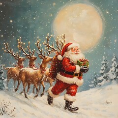 Whimsical Santa's moonlight delivery, reindeer with twinkling lights prance through the snow.