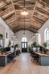 Rustic Modern Coworking Space with Exposed Wooden Beams