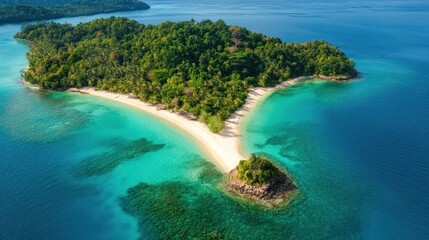 Fototapeta premium Pristine island with white sandy beaches, bright turquoise waters, sunny tropical day, 