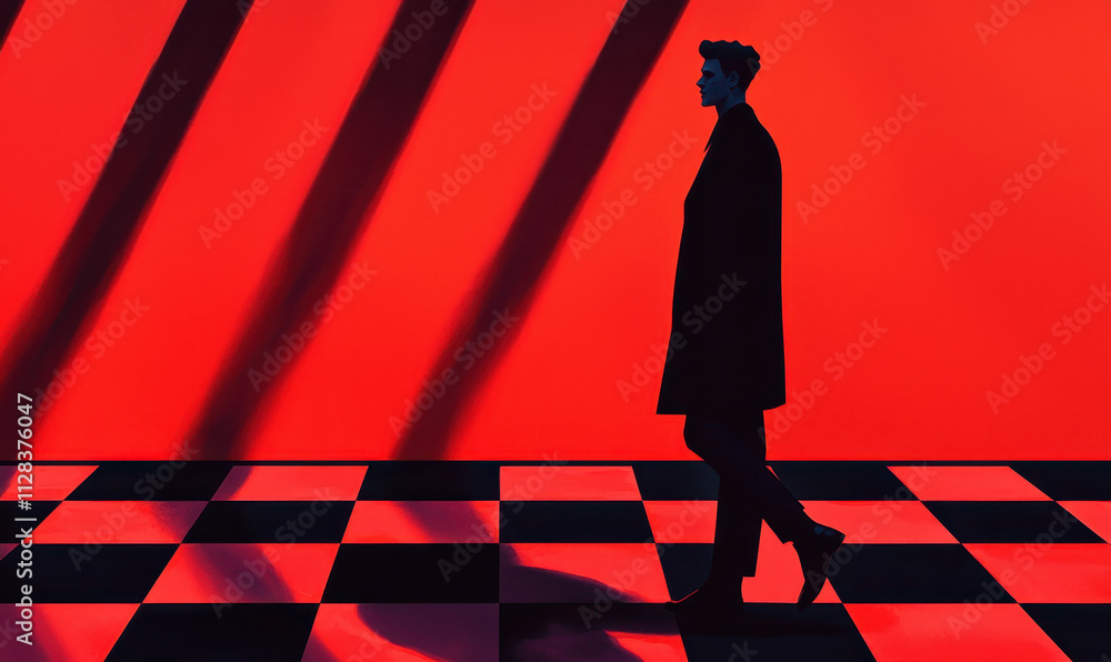 Poster captivating silhouette and shadows: exploring dynamic contrasts on a bold checkerboard canvas in mod