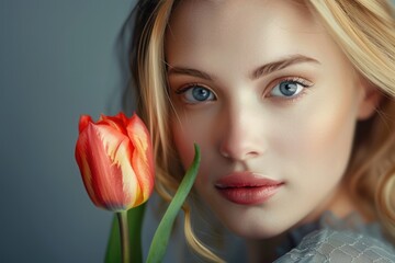 Fototapeta premium Blonde woman fashion model posing with tulip for Vogue.
