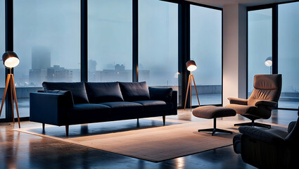 Naklejka premium Scandinavian-inspired apartment featuring a dark blue sofa and recliner for modern interiors. Generative AI