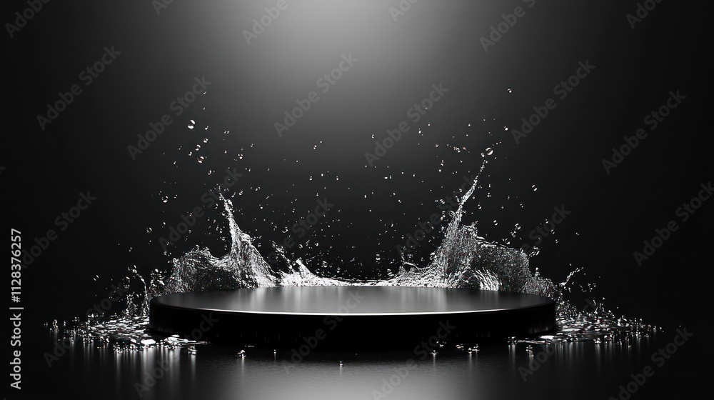 Poster splashing water creates dynamic visual effects on a platform