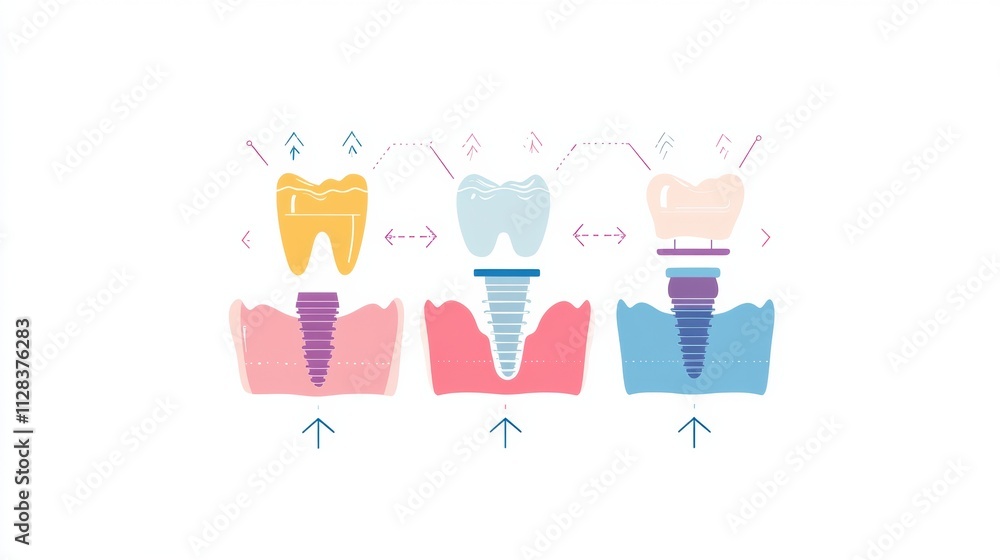 Aufkleber three-stage illustration depicts the dental implant process with clear detailing and space for infor