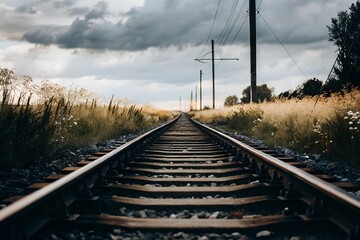 A serene view of railway tracks stretching into a cloudy horizon, evoking a sense of journey.