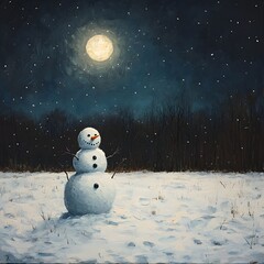 Solitary snowman reflects twinkling stars, moonlit snow-covered field
