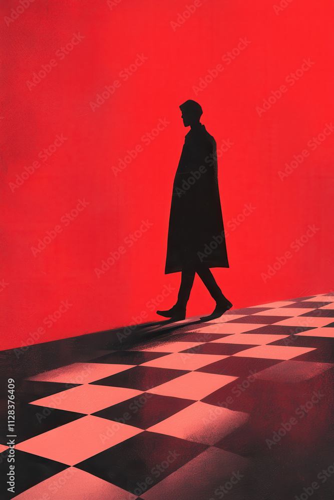Aufkleber exploring solitude: a dramatic silhouette in red with checkerboard pattern symbolizing mystery and j