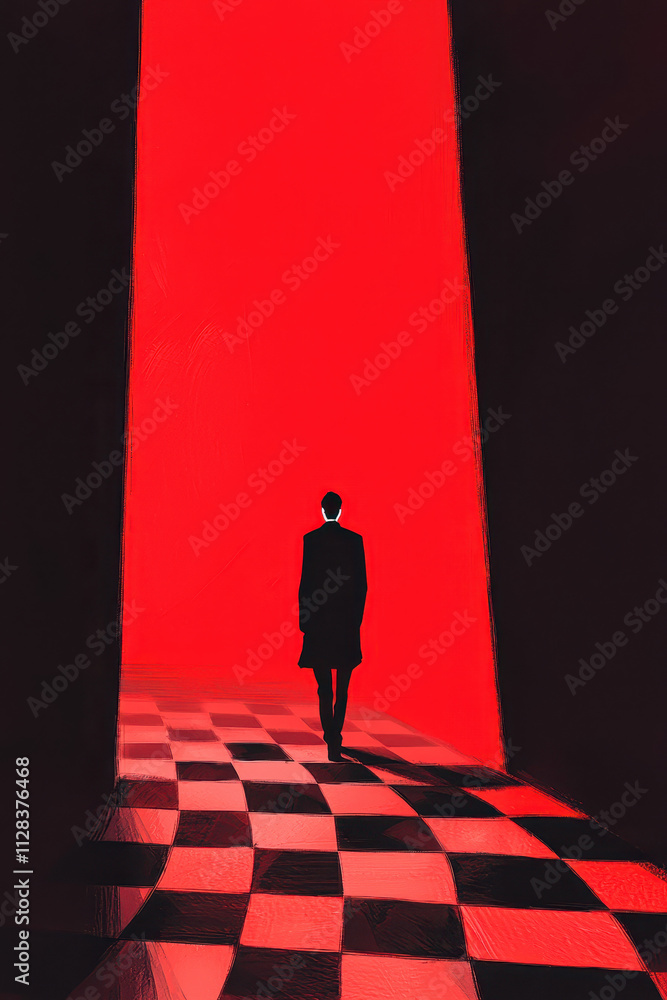 Poster dramatic silhouette: journey into the unknown through a stark red pathway of solitude and reflection