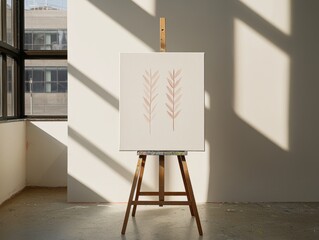 A minimalist art piece on an easel, featuring subtle leaf patterns, illuminated by natural light in a spacious, modern interior.