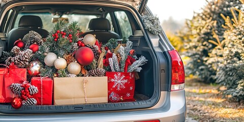  abstract marketing background showcasing a 3D car trunk filled with shopping bags containing Christmas decorations, festive items like ornaments, lights, and gift promotions. This design is ideal for